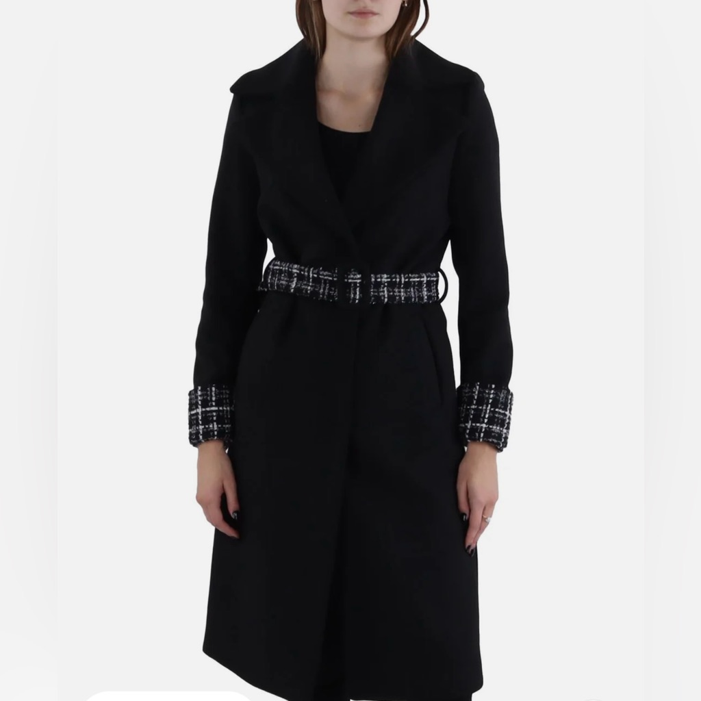 Brandnew Tahari Tia Womens Wool Blend Belted Trench Coat W/Plaid Accents Size L